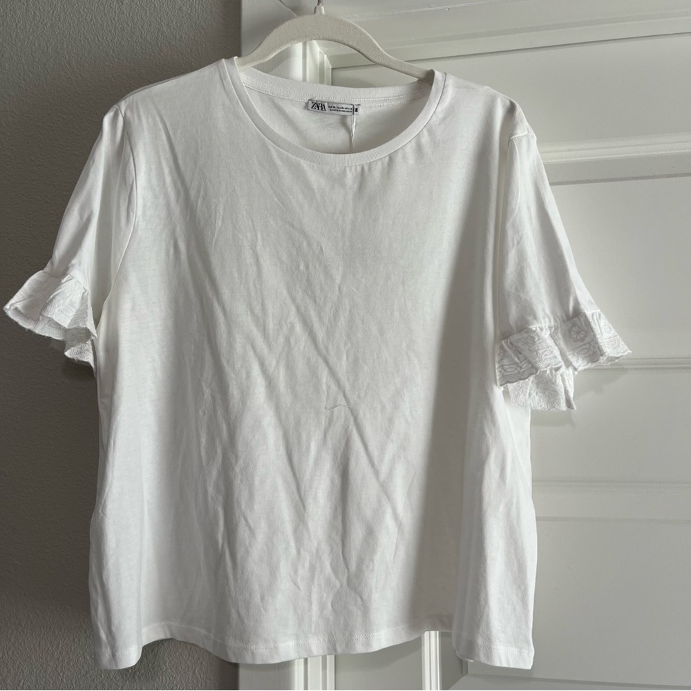 Zara Womens White Short Sleeve Ruffle Tee Shirt Top XL New